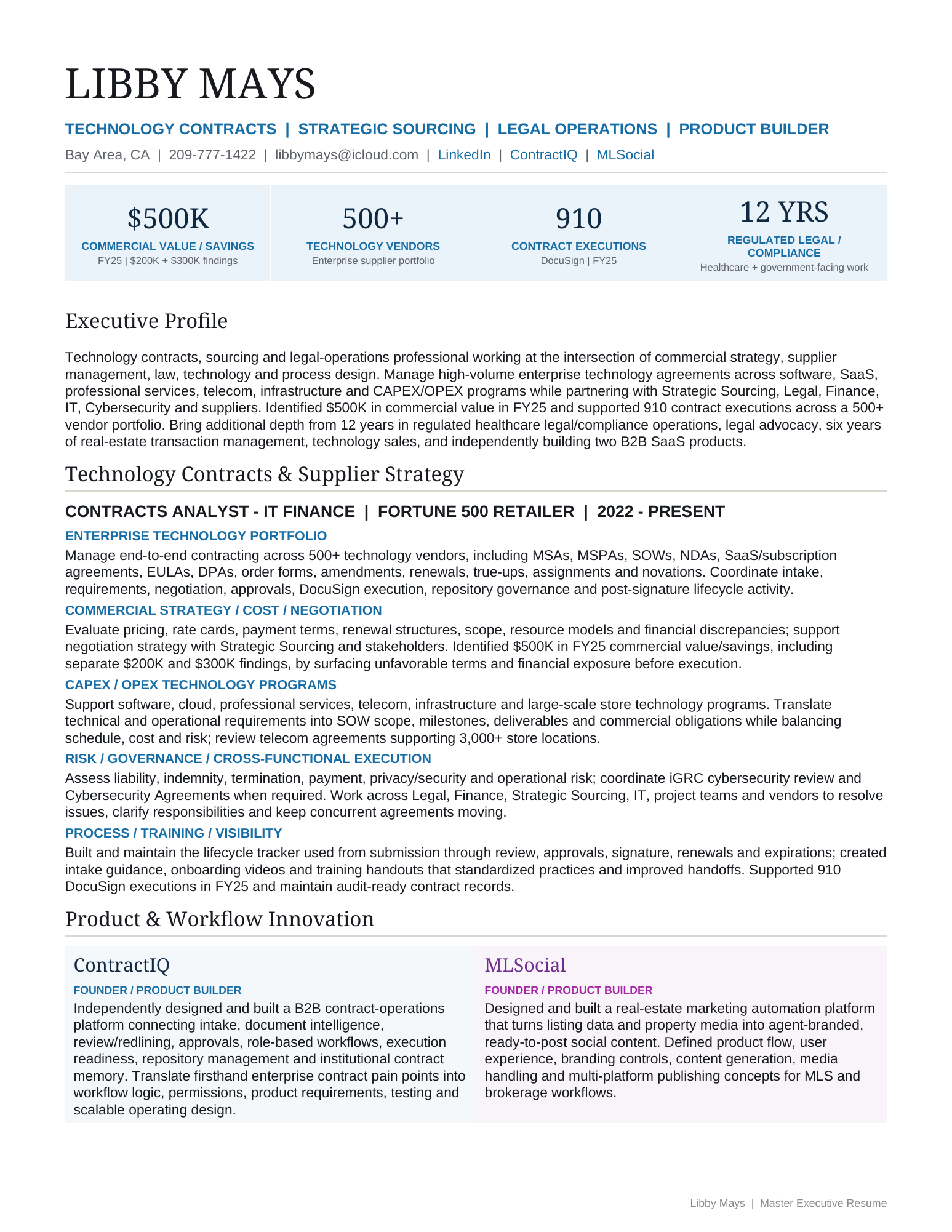 Page 1 of Libby Mays executive resume
