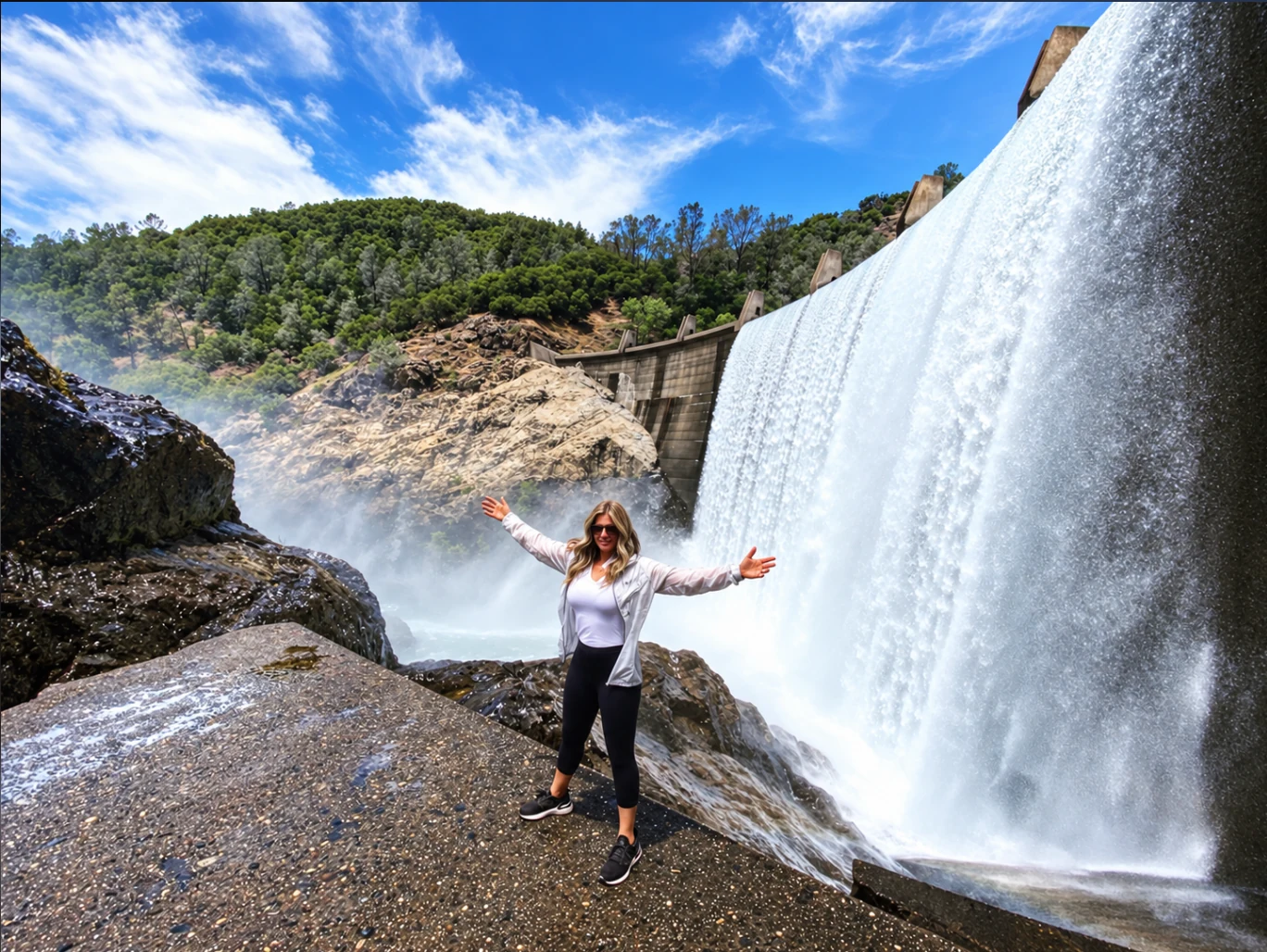 Libby Mays at a waterfall and dam