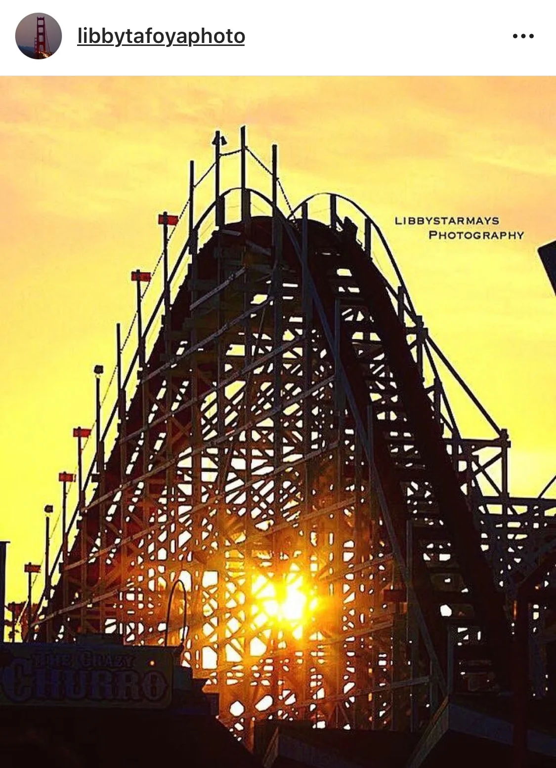 Roller coaster at sunset photographed by Libby Mays